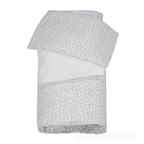 Piumino per culla + lenzuolo con angoli + cuscino 120x60 cm Little Bloom Fiori Grigio TOG 2,5