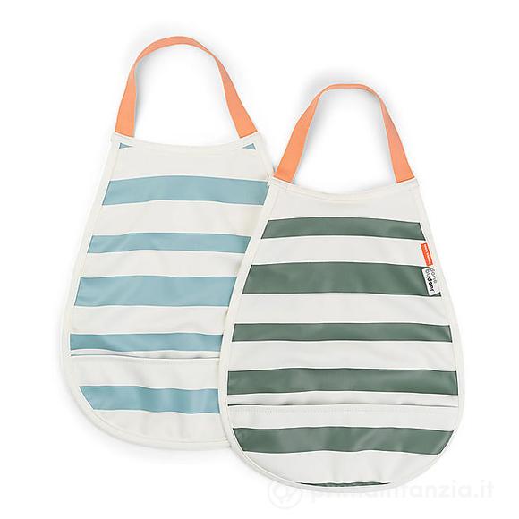 Set 2 Bavaglini Impermeabili a Strisce - Blu e Verde - con Tasca