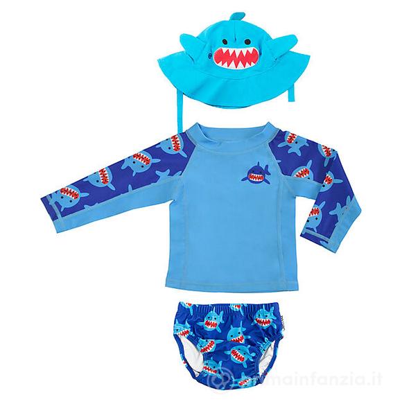 Set 3 Pezzi – Maglia Anti UV + Costumino Contenitivo + Cappellino - Squalo