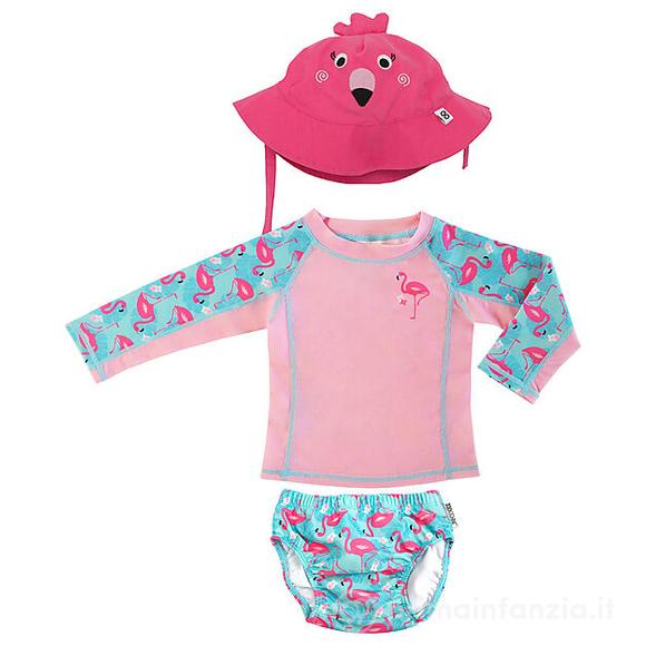 Set 3 Pezzi – Maglia Anti UV + Costumino Contenitivo + Cappellino – Fenicottero