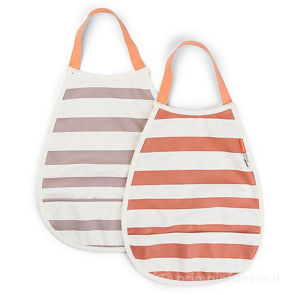 Set 2 Bavaglini Impermeabili a Strisce - Papaya e Rosa - con Tasca